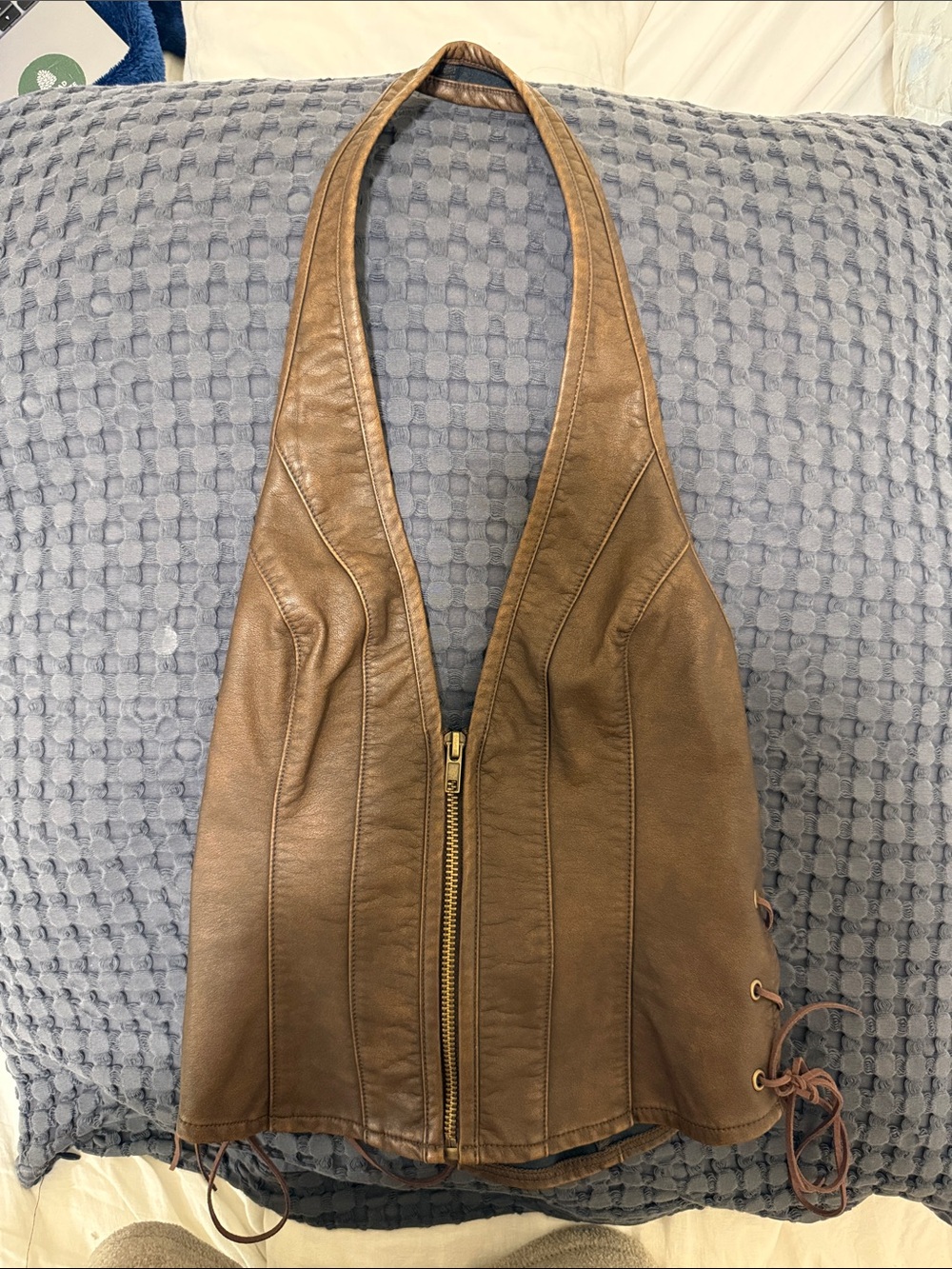 Brown Leather Halter Going out top with Lace-Up Side Detail